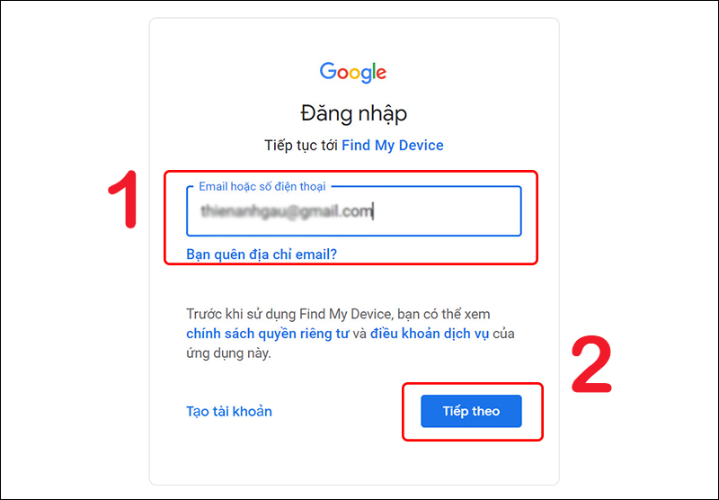 Đăng nhập trình quản lý thiết bị Android